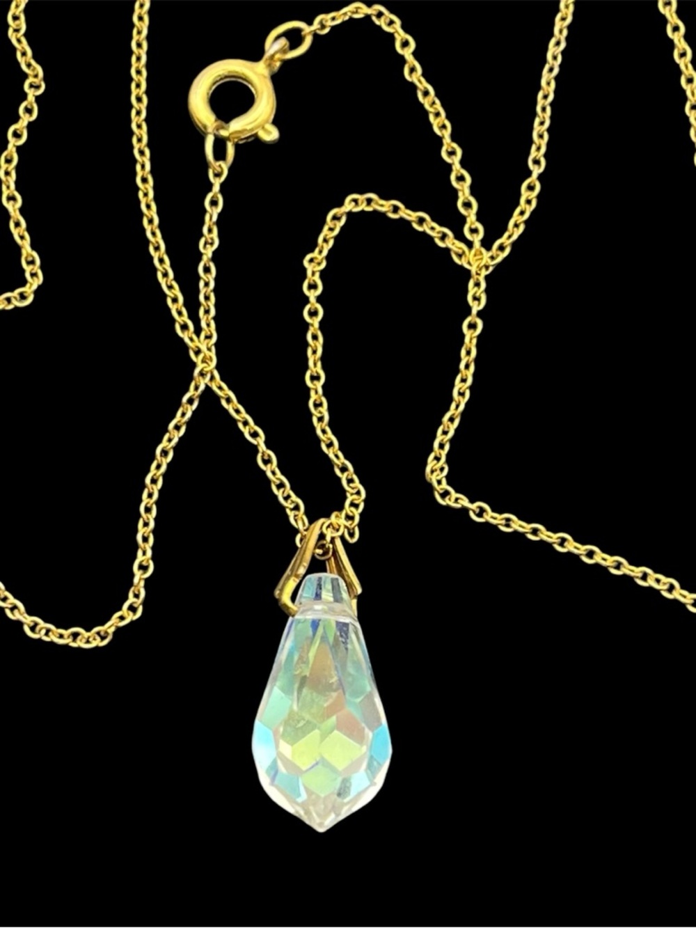 Aurora Borealis crystal briolette drop pendant on gold tone chain necklace